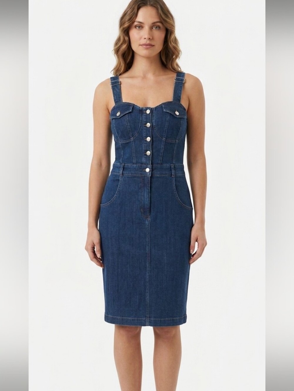 Story On Dark Blue Denim Button-Front Women’s Jean Dress Overalls Medium
